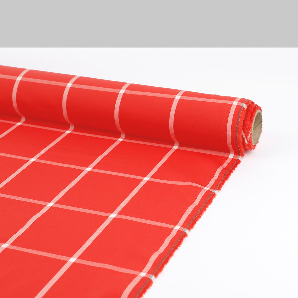 Windowpane Check Fine Cotton Shirting - Red
