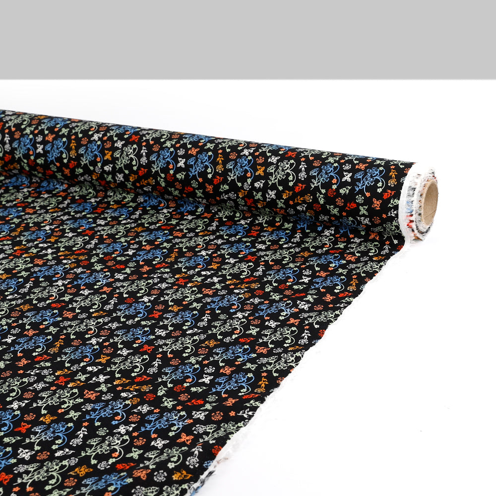 Ornamental Floral Viscose Challis - Black