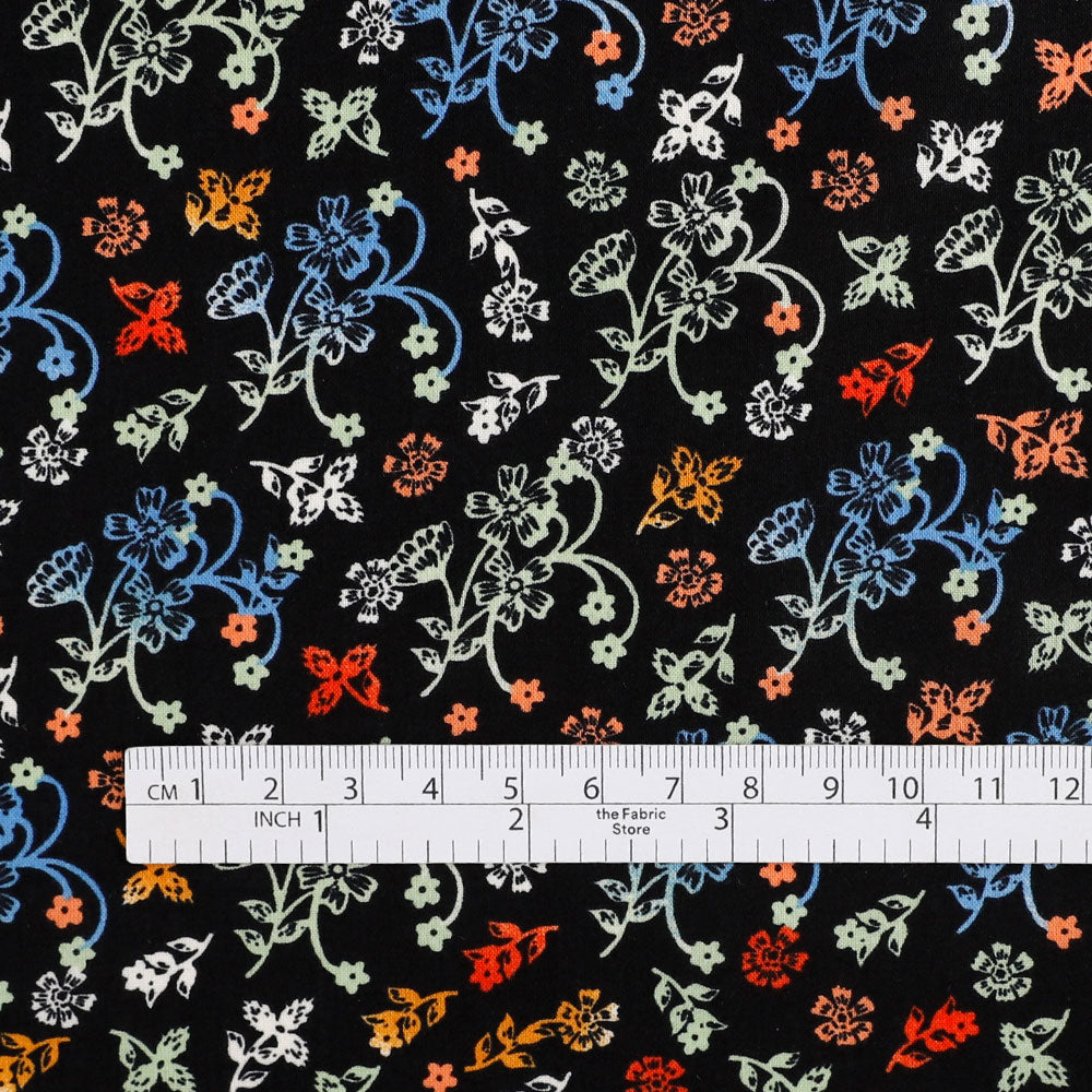 Ornamental Floral Viscose Challis - Black