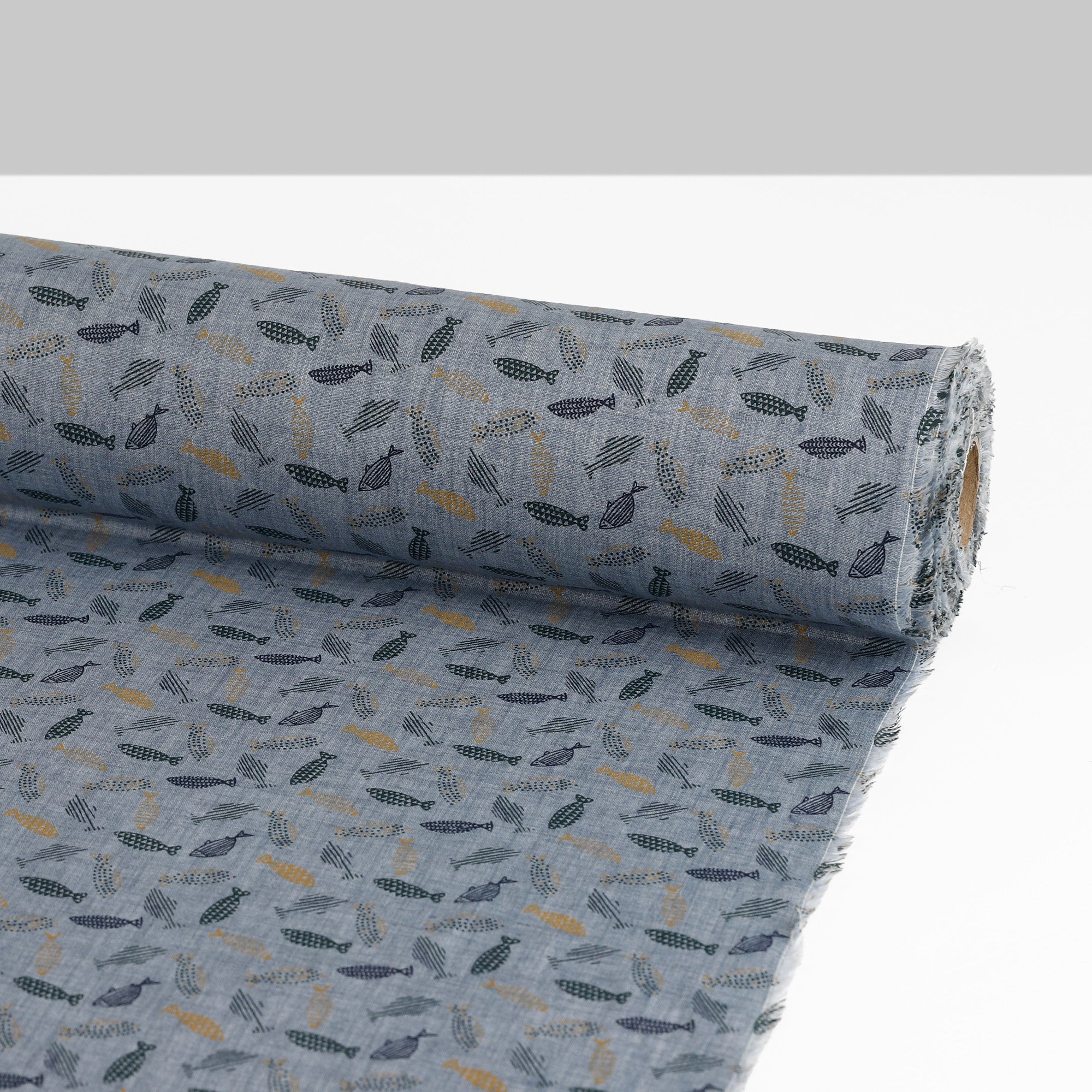 Fun Fish Linen Shirting - Bluestone