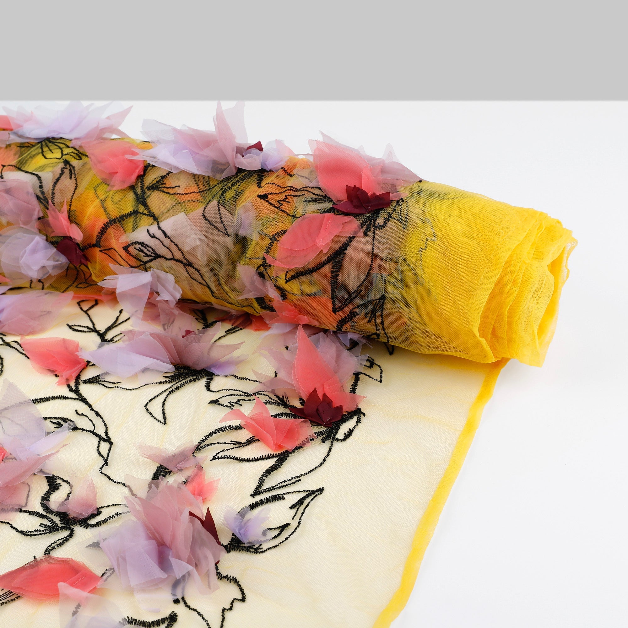 Big Honeysuckle 3D Embroidered Tulle - Yellow