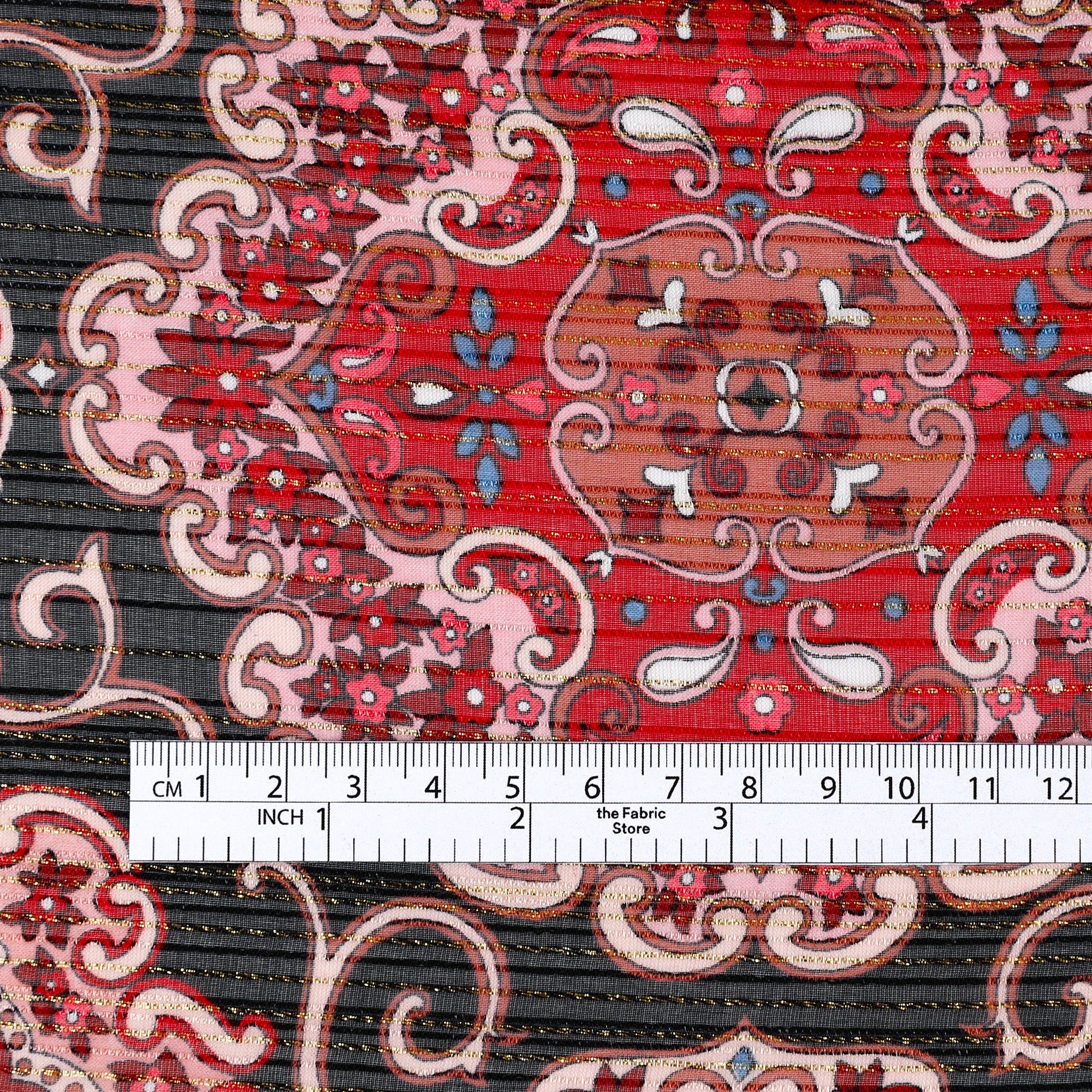 Ornate Metallic Stripe Chiffon - Red