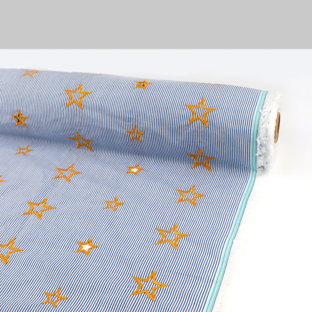 Star Embroidered Cut-Out Stripe Cotton - Blue