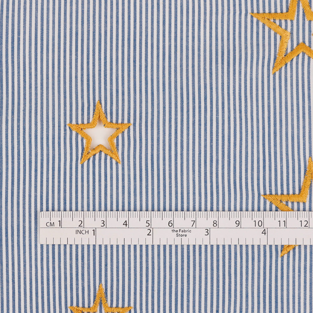 Star Embroidered Cut-Out Stripe Cotton - Blue